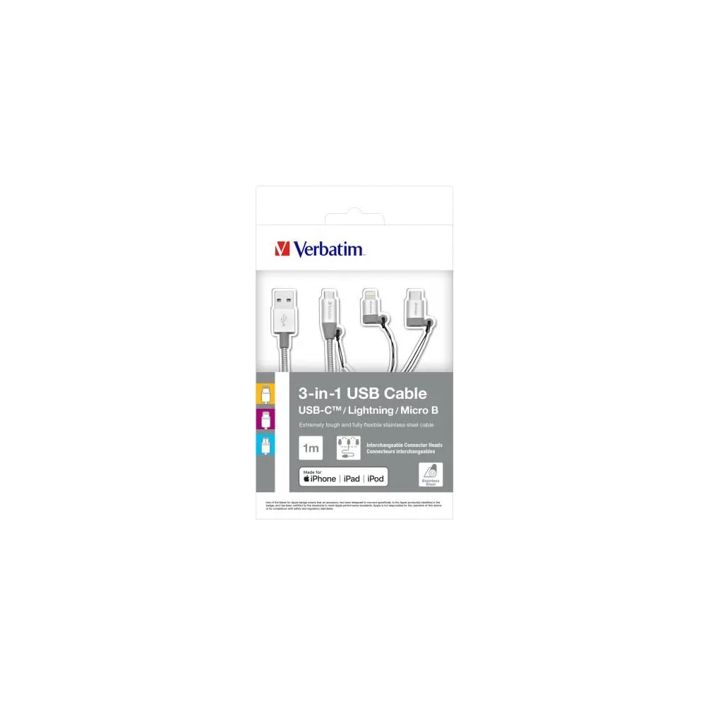 Verbatim 3-in-1 usb-c™ / lightning / micro b cbl 100 slv Verbatim - 1