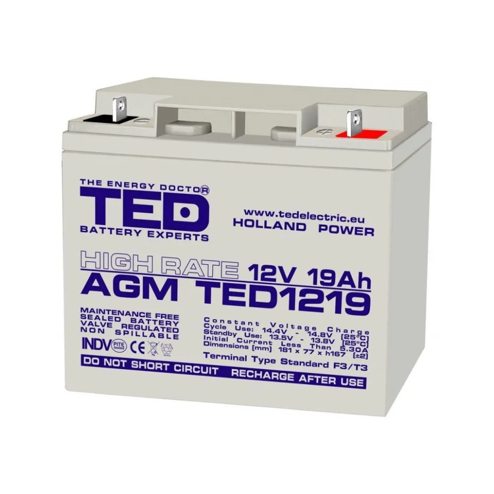 Acumulator TED002815, AGM VRLA 12V- 19A High Rate, 181mm x 76mm x167mm, F3