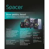 Boxe spacer gaming 2.1 rms: 16w (2 x 3w + 10w) control volum bass subwoofer lemn mdf 220v alimentare 14 x led black spb-hurrican