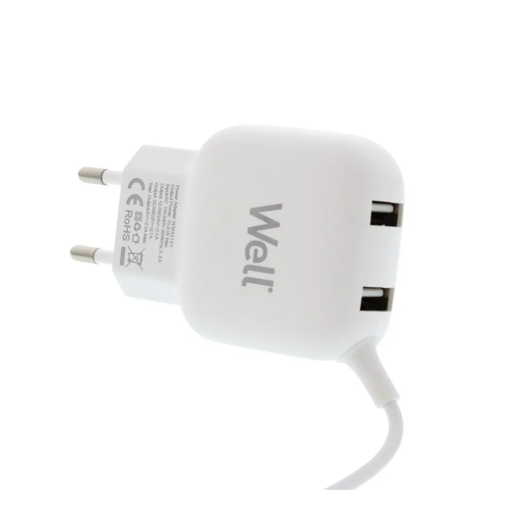 Incarcator retea Well, 2x USB-A 2.1A, cablu micro USB, cutie, alb