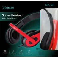 Casti  spacer cu fir standard utilizare multimedia microfon pe brat conectare prin jack 3.5 mm x 2 negru / rosu spk-507 (include