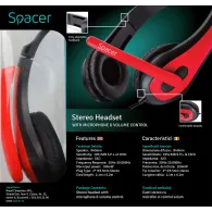 Casti  spacer cu fir standard utilizare multimedia microfon pe brat conectare prin jack 3.5 mm x 2 negru / rosu spk-507 (include