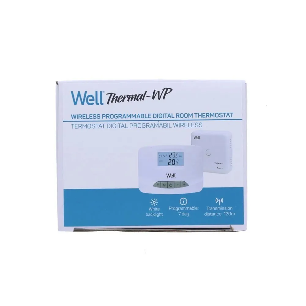 Termostat electronic Well, programabil, wireless, afisaj digital, alb