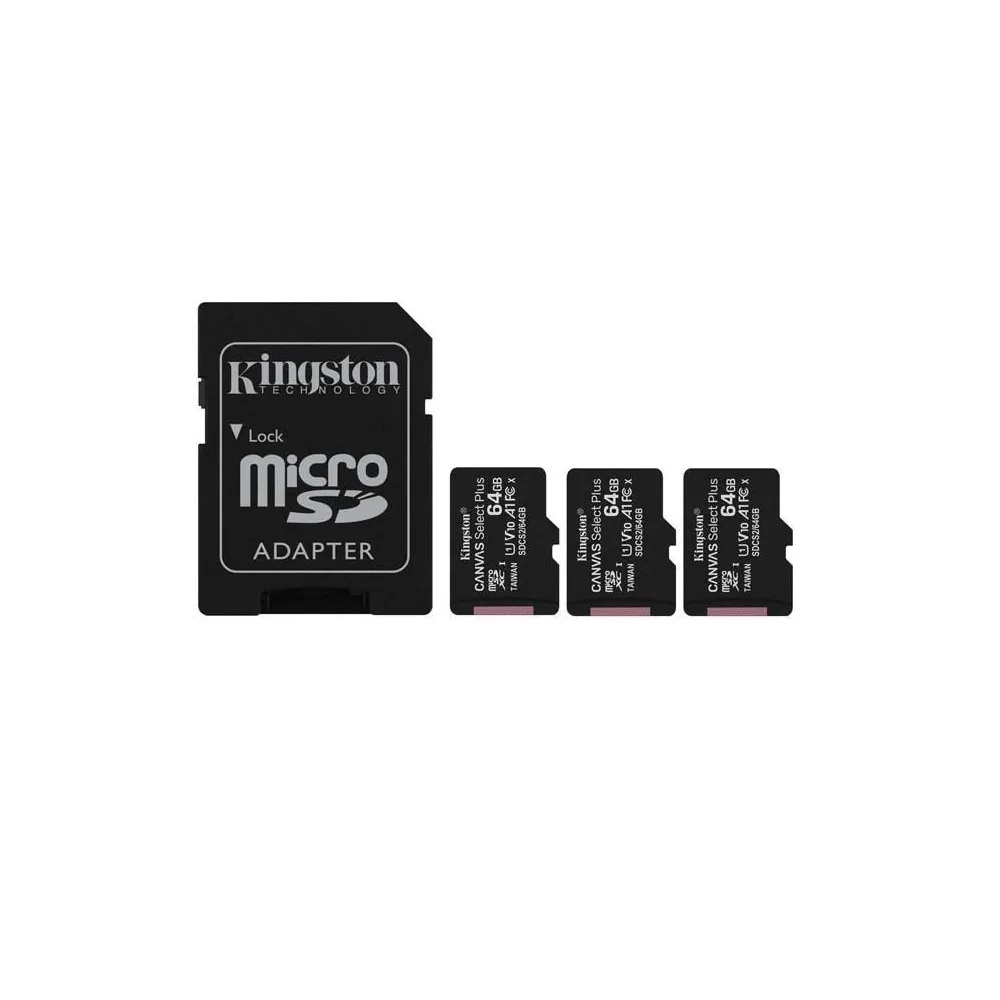 Kingston 64gb micsdxc canvas select plus 100r a1 c10 three pack + single adp