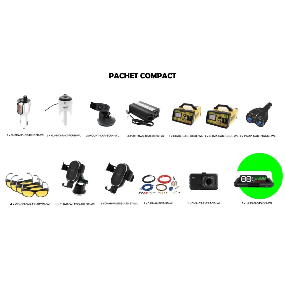 Pachet Compact, modulator FM, incarcator wireless, head-up display, suport telefon, camera auto, Well