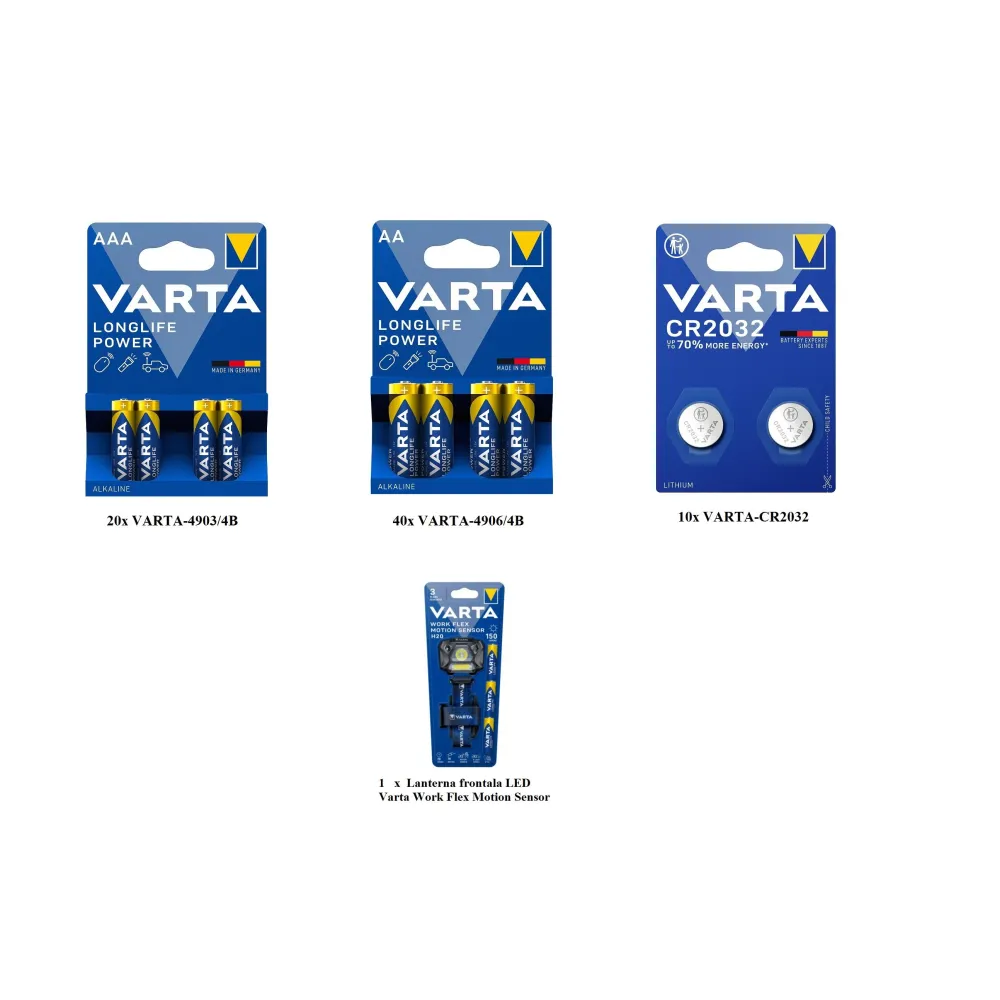 Pachet promotional Varta Longlife Power, Lanterna frontala LED Varta Work Flex Motion Sensor H20