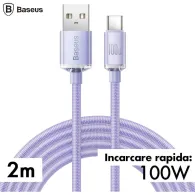 CABLU alimentare si date Baseus Crystal Shine, Fast Charging Data Cable pt. smartphone, USB la USB Type-C 100W, 2m, braided, mov