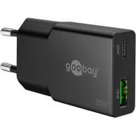 Incarcator retea Goobay, 1x USB-C PD 20W, 1x USB-A QC3.0 18W, GaN, cutie, negru