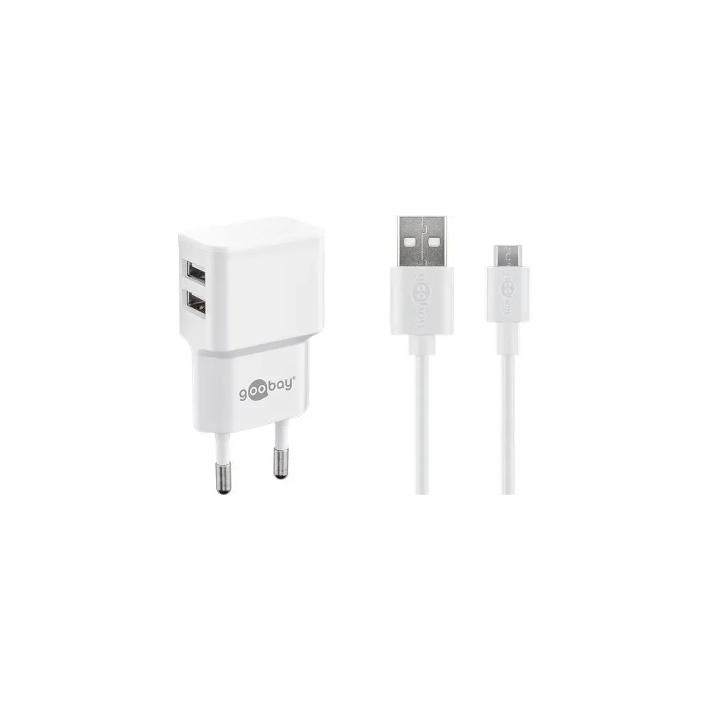 Incarcator retea Goobay, 2x USB-A 2.4A, cablu micro USB, alb