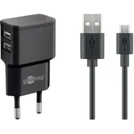 Incarcator retea Goobay, 2x USB-A 2.4A, cablu micro USB, negru