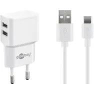 Incarcator retea Goobay, 2x USB-A 2.4A, cablu USB-C, alb