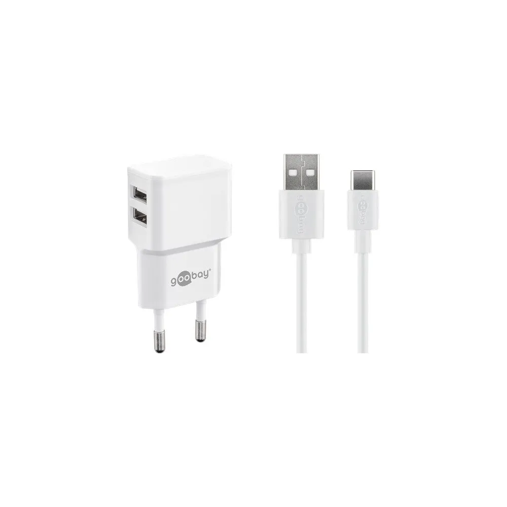 Incarcator retea Goobay, 2x USB-A 2.4A, cablu USB-C, alb