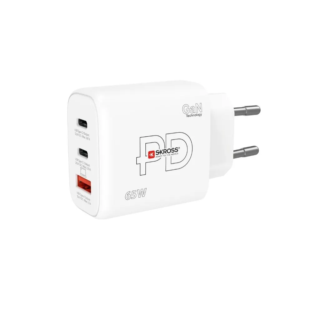 Incarcator retea Skross, 2x USB-C, 1x USB-A, GaN, PD 65W, alb