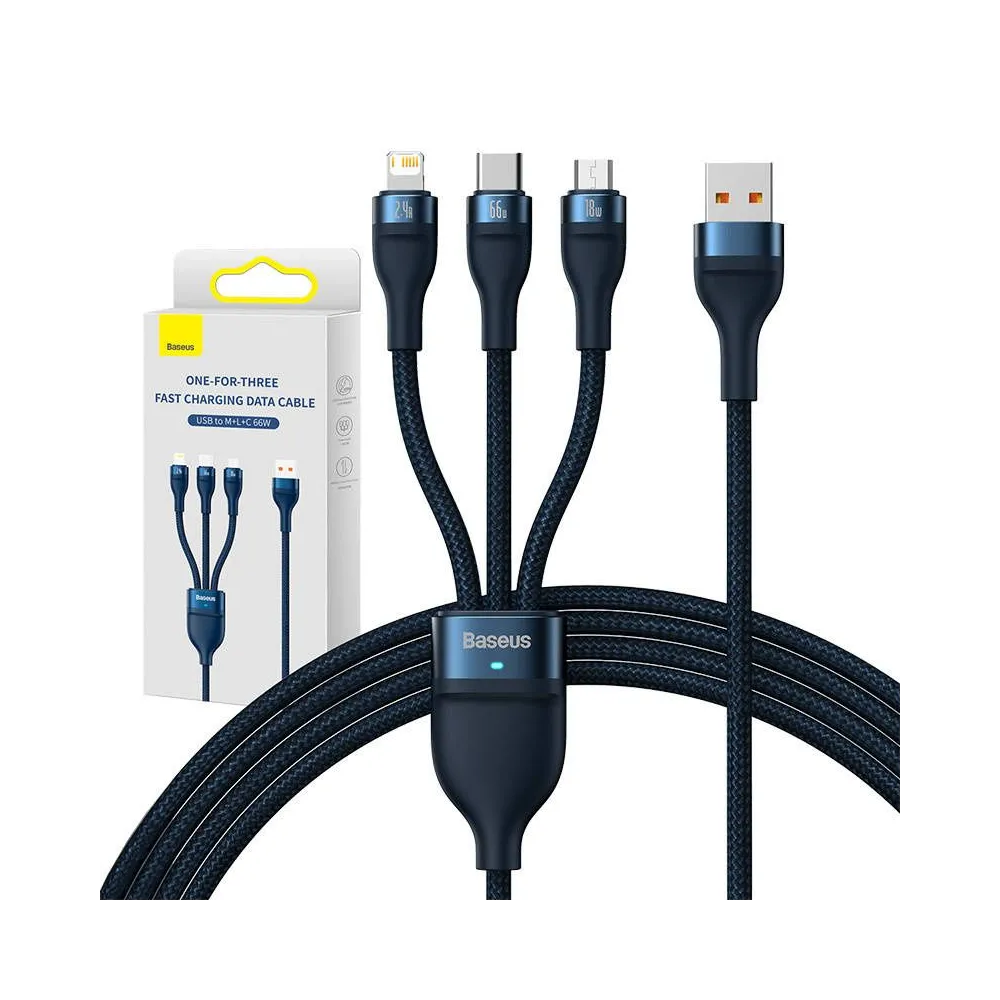 Cablu USB 3-în-1 Baseus Flash Series, USB-C + micro USB + Lightning, 66W, 1.2m (albastru)