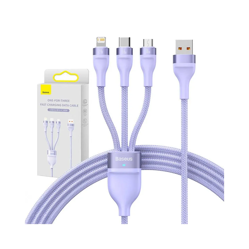 Cablu USB Baseus Flash II 3-în-1, USB-C + micro USB + Lightning, 66W, 1.2m (mov)