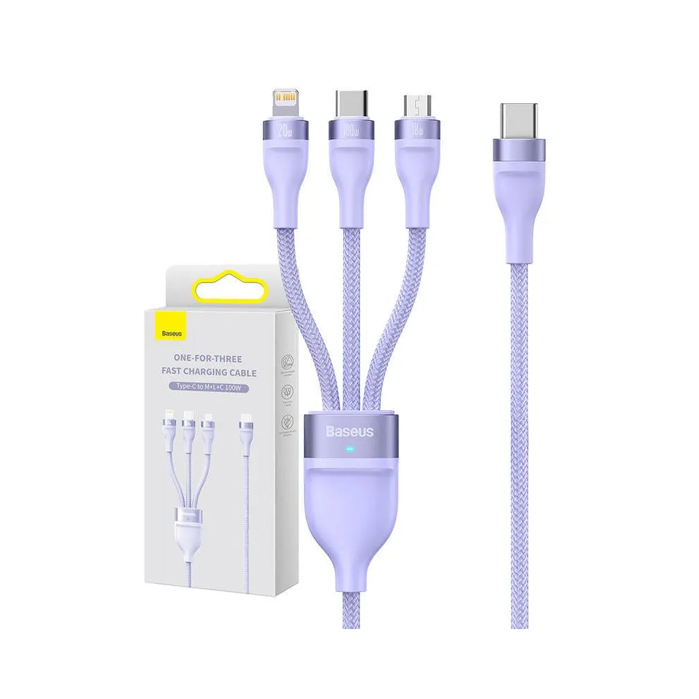 Cablu USB Baseus Flash Series 2, 3-în-1, USB-C + micro USB + Lightning, 100W, 1.5m. (mov)