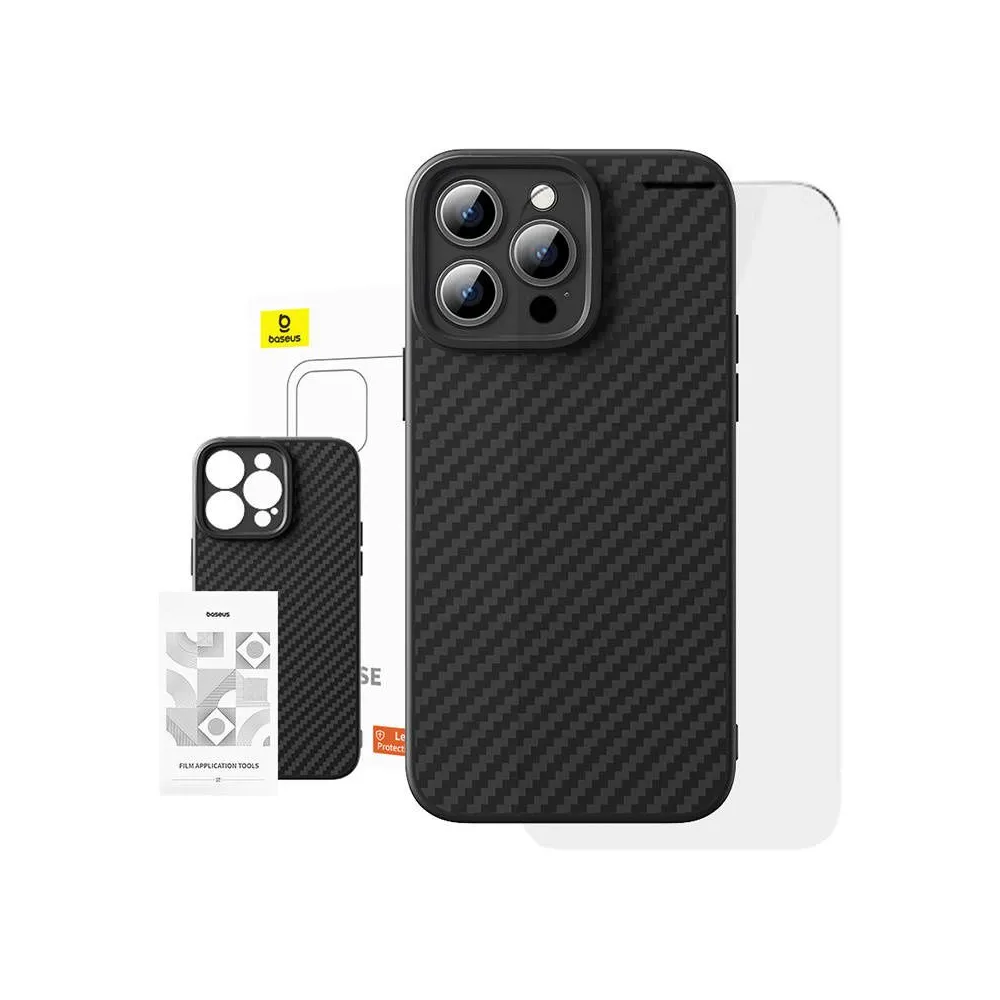 Case Baseus Synthetic Fiber iPhone 15 Pro + tempered glass
