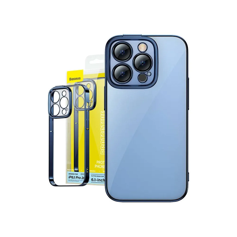 Set husă transparentă Baseus Glitter + sticlă securizată pentru iPhone 14 Pro (albastru)