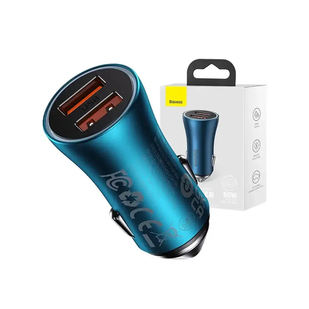 Baseus Golden Contactor Max car charger, 2x USB, 60W (blue)