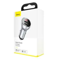 Încărcător auto Baseus cu afișaj, 2x USB, 4.8A, 24W (argintiu)