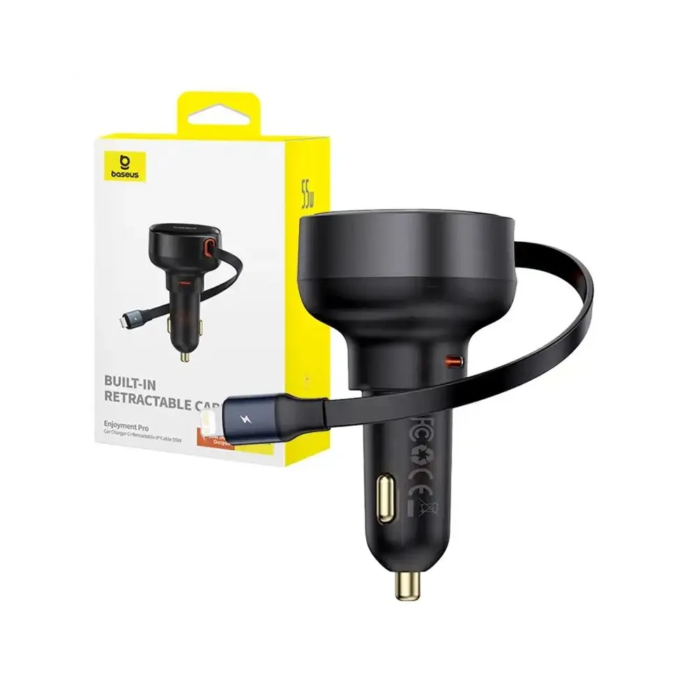 Încărcător de mașină Baseus Enjoyment Pro cu cablu Lightning + USB-C, 55W (negru)