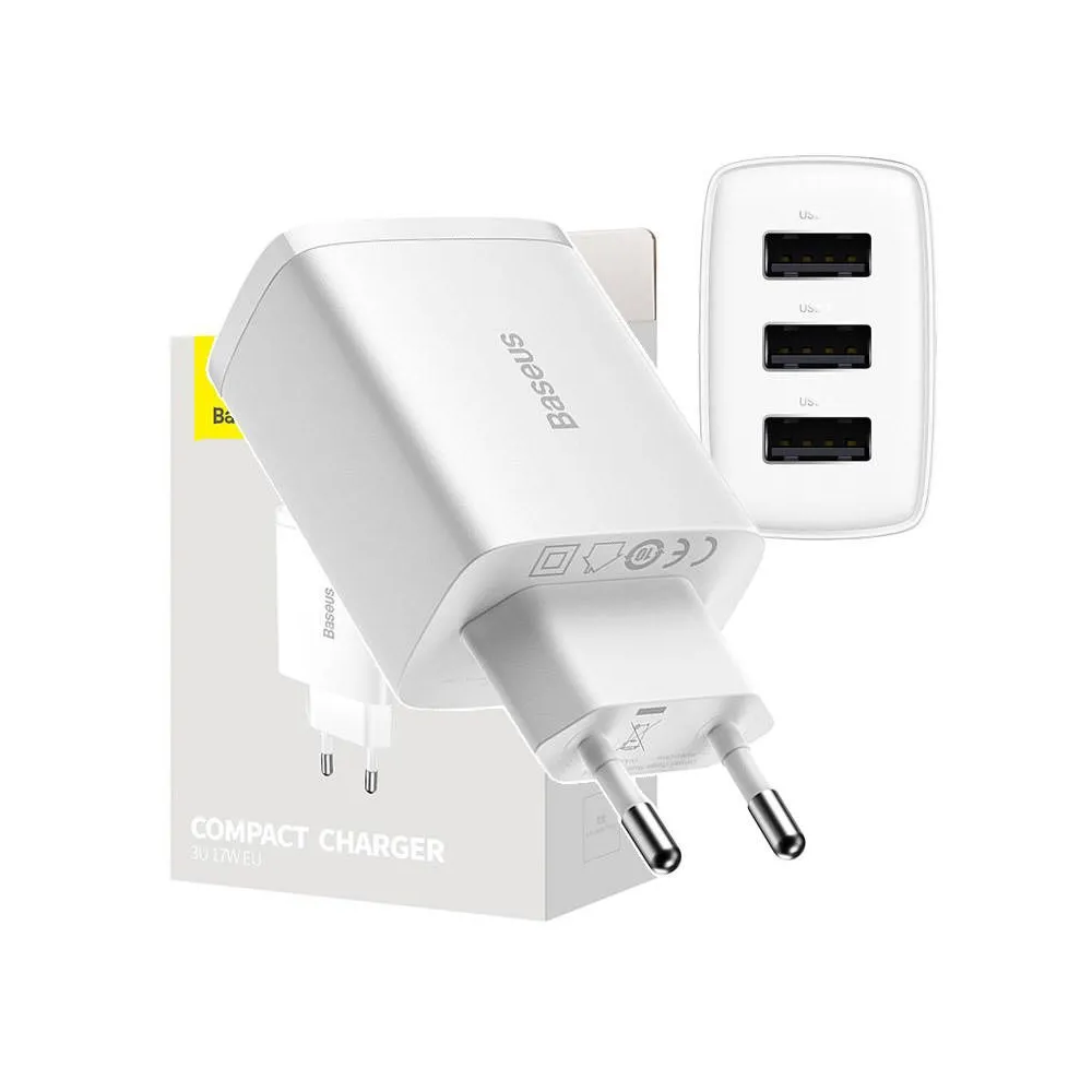 Baseus Încărcător rapid compact, 3x USB, 17W (alb)