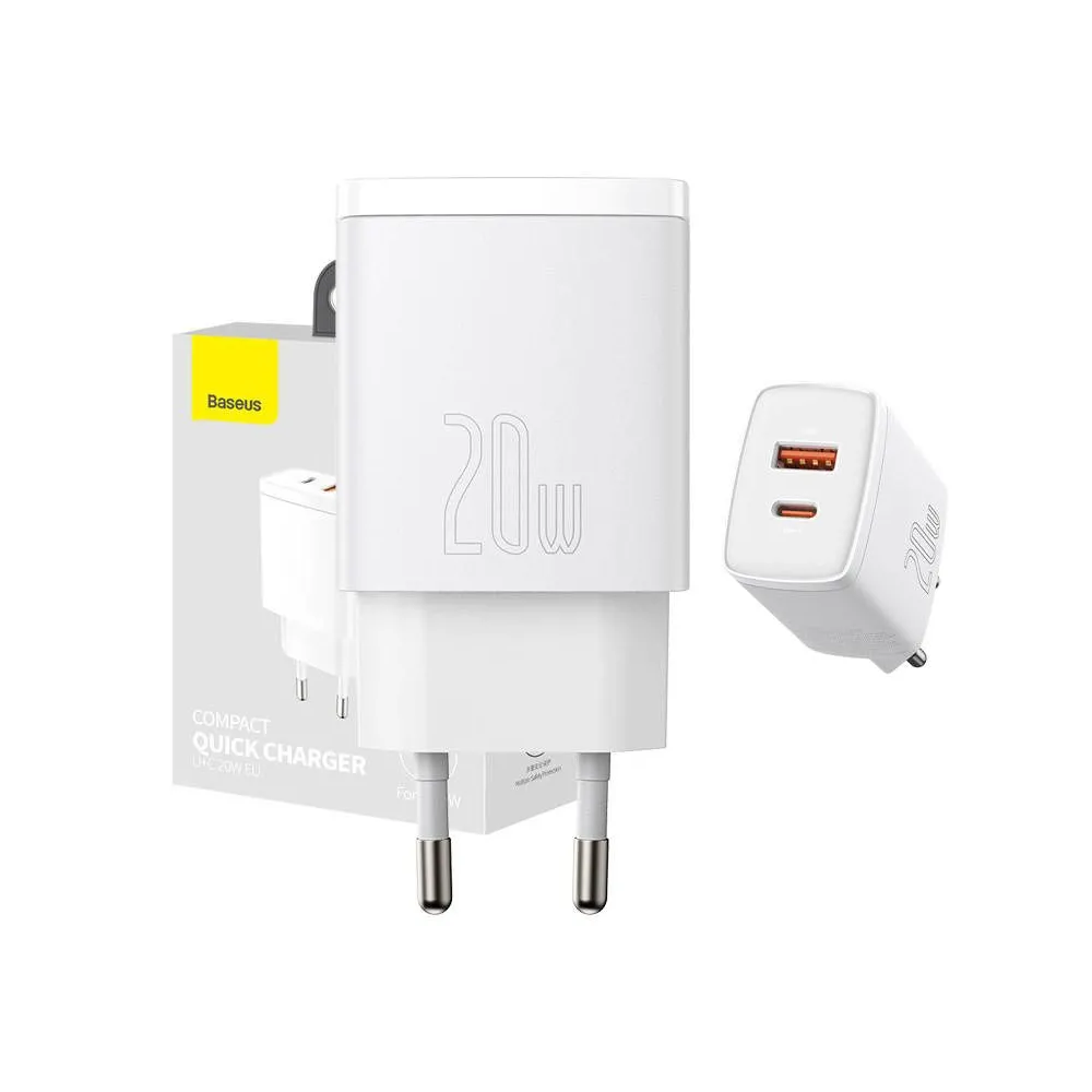 Baseus Încărcător rapid compact, USB, USB-C, 20W (alb)