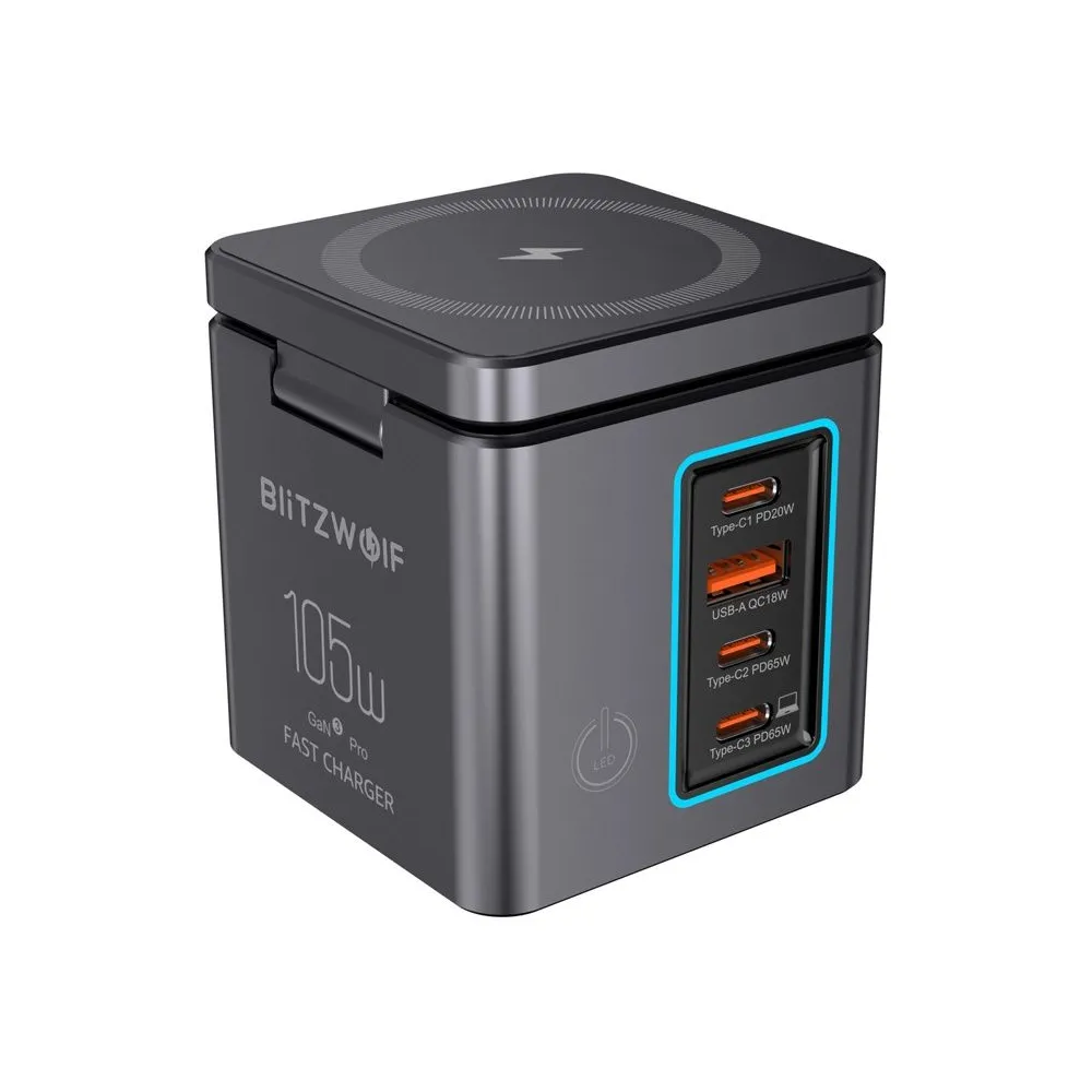 Blitzwolf BW-i113 GaN, USB-A, 3xUSB-C, încărcător de rețea 105W