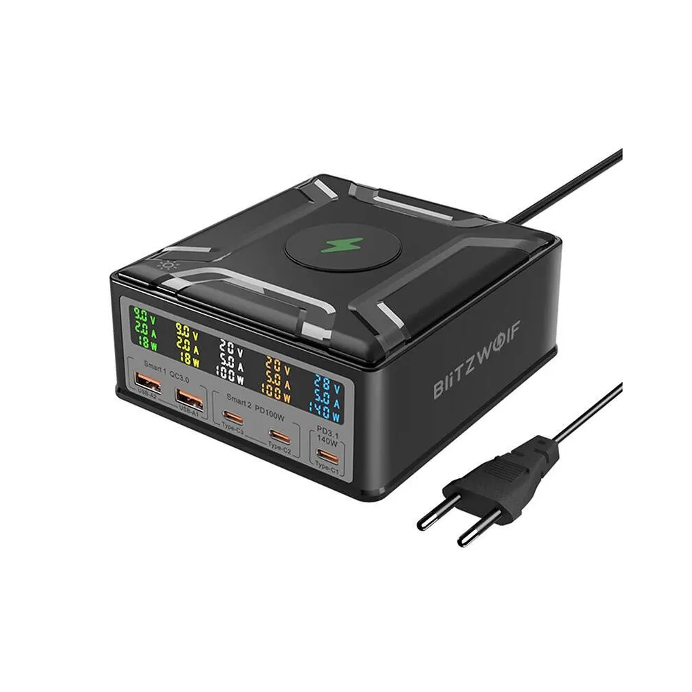 Blitzwolf BW-S28 260W, 2xUSB-A, 3xUSB-C, 15W încărcător wireless (negru)