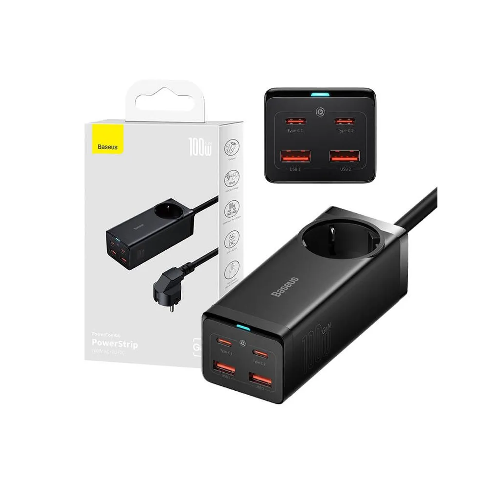 Încărcător de perete Baseus GAN3 Pro 2xUSB + 2xUSB-C + AC, 100W (Negru)