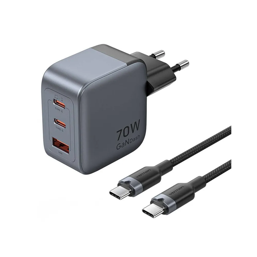 Încărcător GaN Vention USB-C+C+A 70W + cablu USB-C-C 1m (gri)