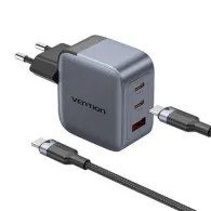 Încărcător GaN Vention USB-C+C+A 70W + cablu USB-C-C 1m (gri)