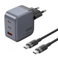 Încărcător GaN Vention USB-C+C+A 70W + cablu USB-C-C 1m (gri)