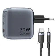 Încărcător GaN Vention USB-C+C+A 70W + cablu USB-C-C 1m (gri)
