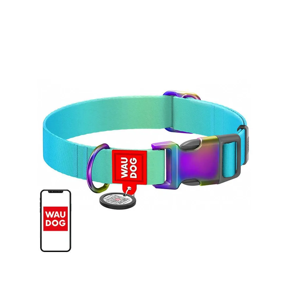 Waudog gradient nylon guler câine cu cod QR, albastru , mărimea M