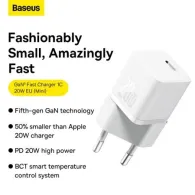 INCARCATOR retea Baseus GaN5 Pro, Quick Charge 20W, 1 x USB Type-C, include cablu USB Type-C la USB Type-C 100W 1m, alb "P101109