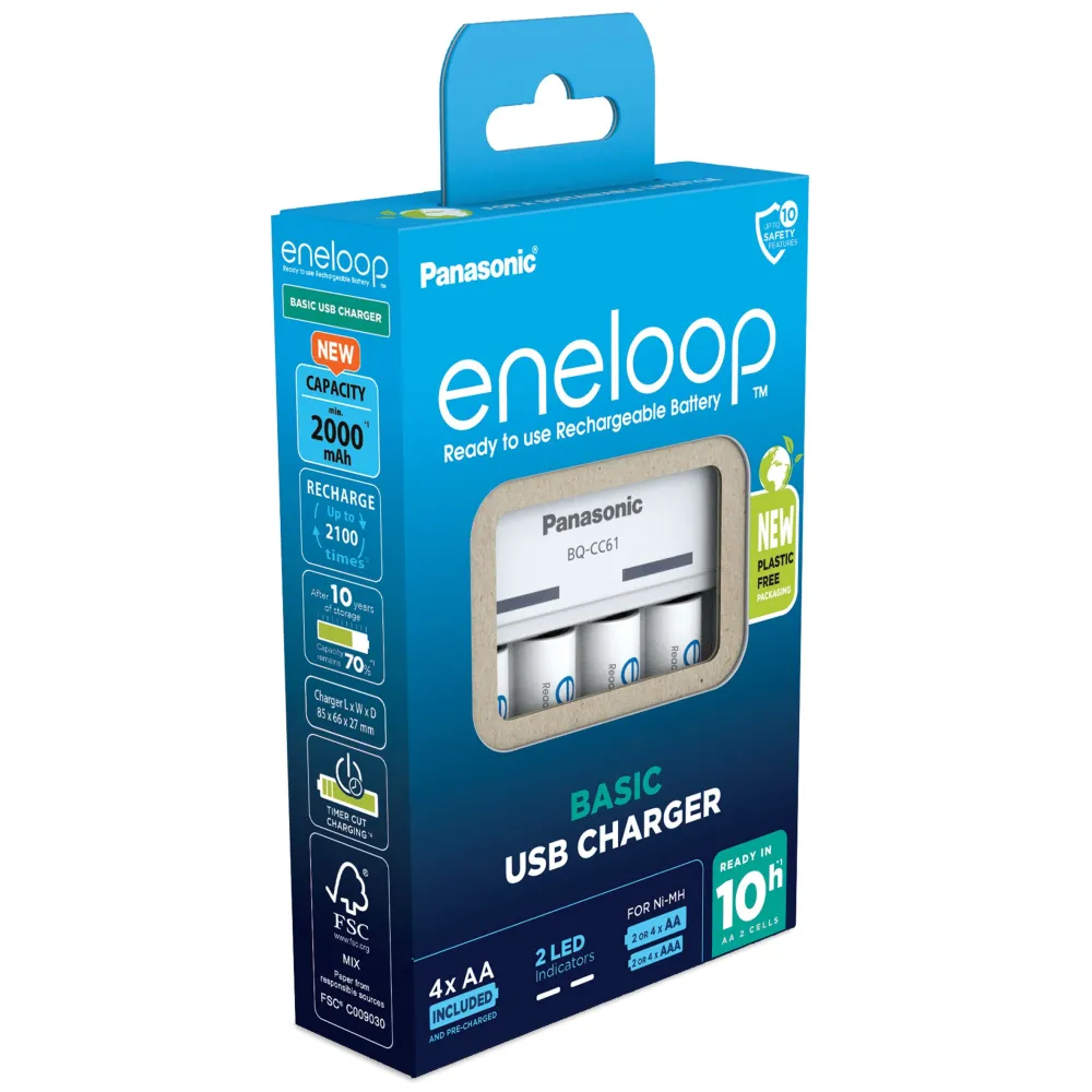 Incarcator Baterii Reincarcabile, Include 4x AA LR6 2000mAh, BASIC cu USB si LED, Incarcare in 10h, Eneloop K-KJ61MCD40USB