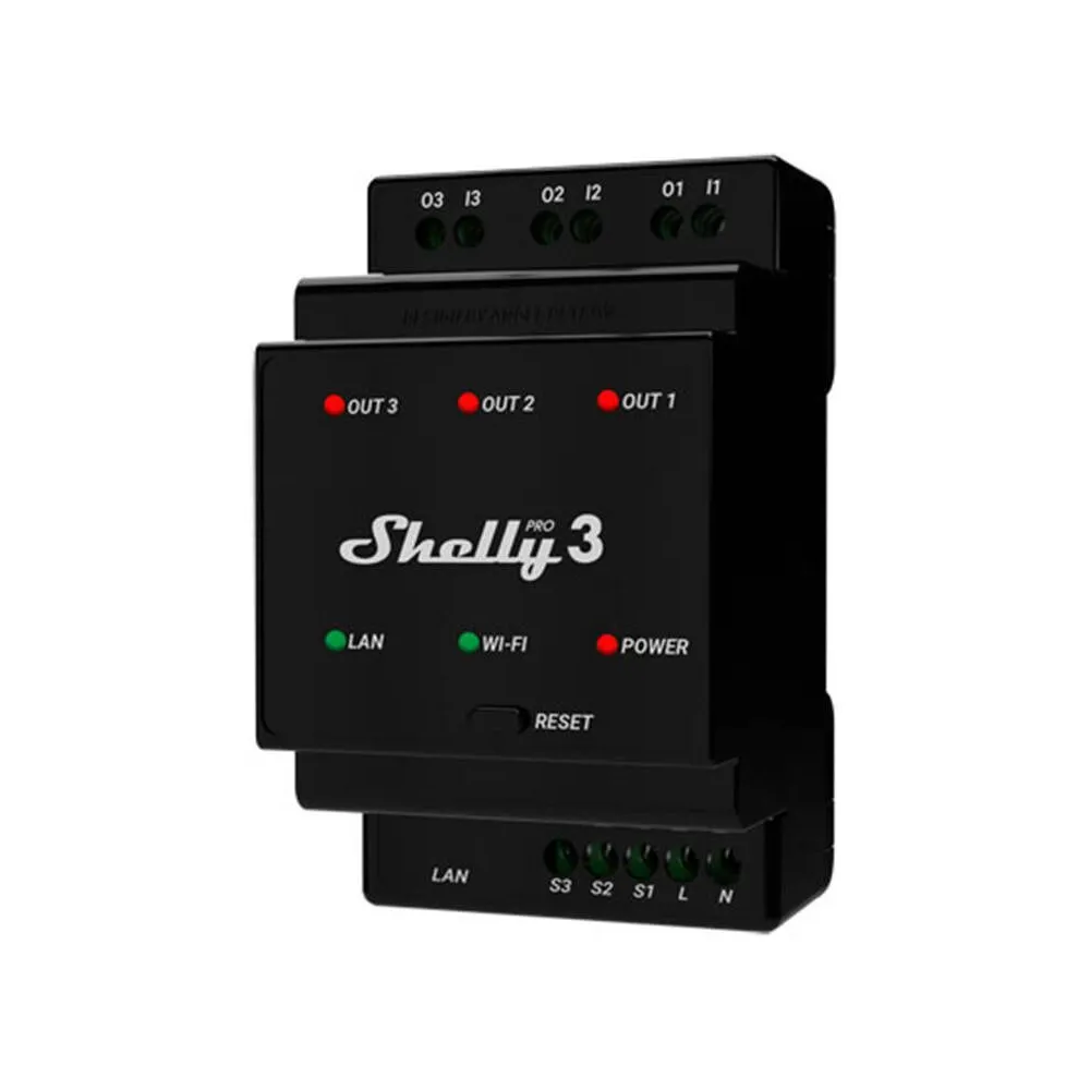 Comutator inteligent pentru șină DIN Shelly Pro 3 cu contacte uscate, 3 canale