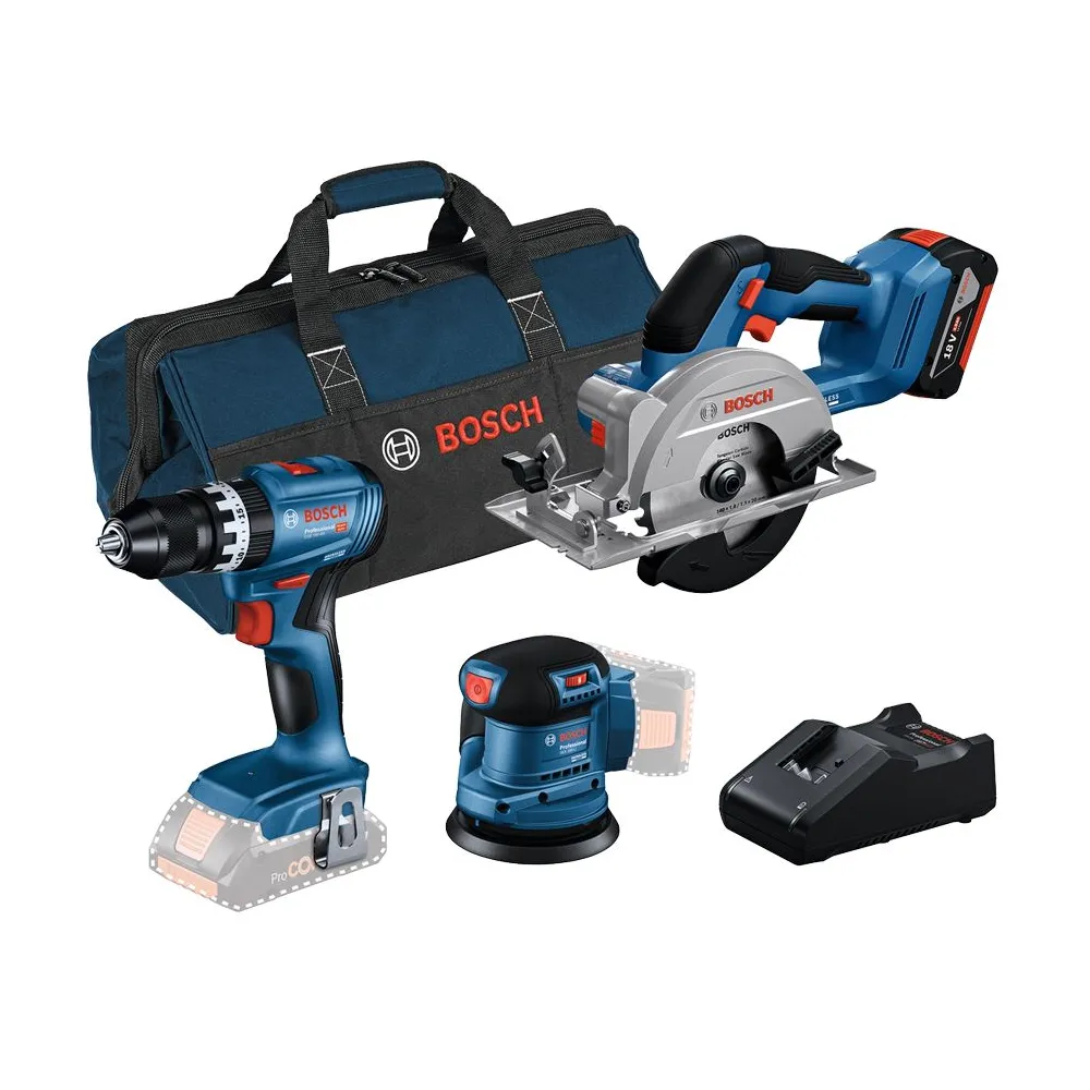 BOSCH Kit 3 scule 18V GSB 18V-45 + GEX 185-LI + GKS 18V-51 + 1 x GBA 4.0Ah + GAL 18V-40 + Geanta textil