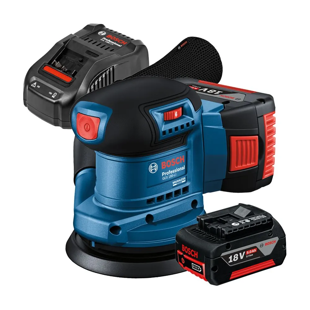 BOSCH GEX 185-LI Slefuitor excentric brushless Li-Ion + Set 2 acumulatori 5Ah CoolPack + Incarcator